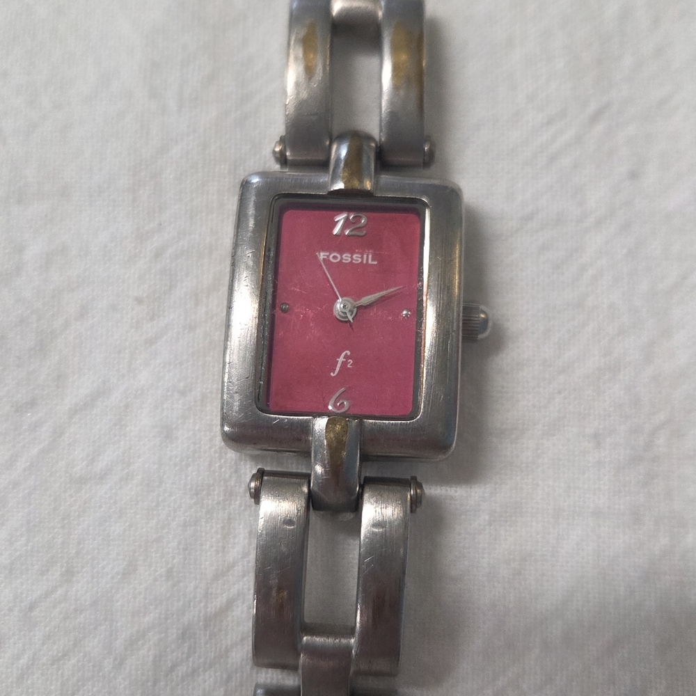 Fossil Red Dial Silver Watch